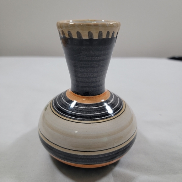 Tonala Mexican Art Pottery Vase Hand Painted Floral Blue Neutral 4.5 " Tall Sign - Picture 4 of 10